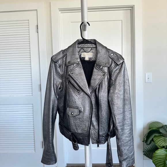 Michael Kors Silver Genuine Leather Biker Jacket size L - Picture 1 of 4